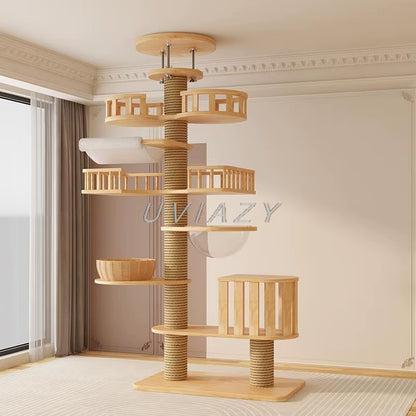 Multi-Level Floor-To-Ceiling Cat Tree Wood Climbing Frame Tree Scratching Sisal Pillar Jumping Platform Tower Height 250-270Cm