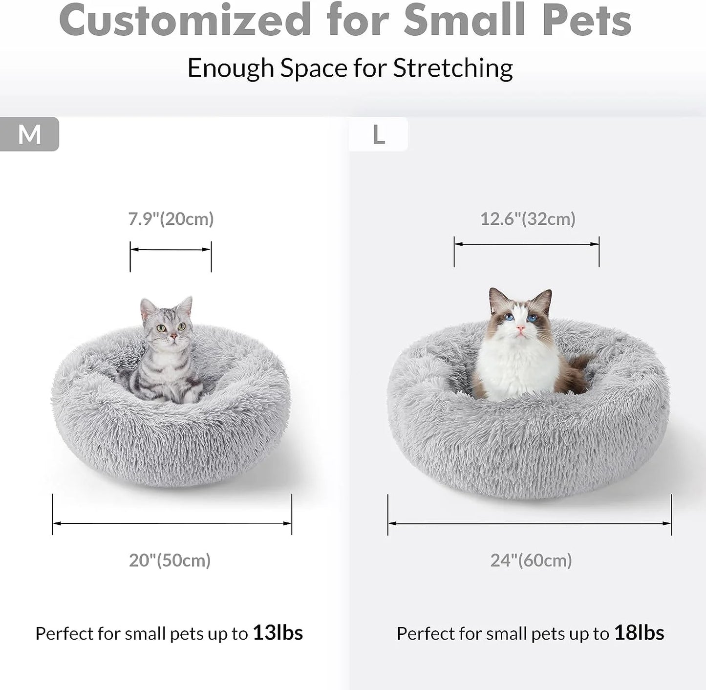 Cat Bed for Indoor Cats, Fluffy round Self Warming Calming Soft Plush Donut Cuddler Cushion Pet Bed for Small Dogs Kittens, 20 Inches