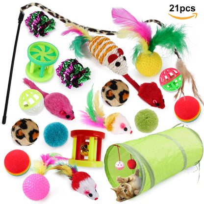 21 Pcs Cat Toys Kitten Toys Assortments Tunnel Interactive Cat Teaser Fluffy Mouse Crinkle Balls for Cat