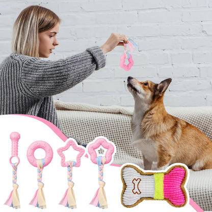 5 Pack Puppy Chew Toys for Teething Small Dogs,Pink Rubber Puppy Teething Toys Plush Squeaky Dog Toys for Cleaning Teeth Interactive Pet Doggy Bone Toys