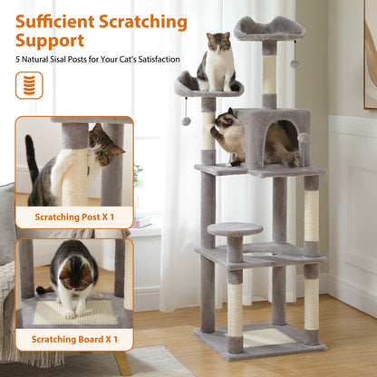 63'' Large Cat Tree Cat Tower with Scratching Pad and Cozy Condo for Indoor Cats, Gray