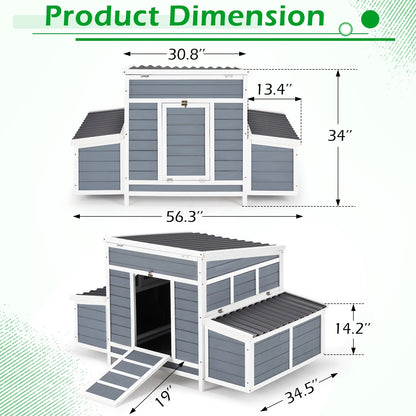 Chicken Coop 56" Large Wooden Chicken Hutch with 6 Nesting Boxes Outdoor Hen House Chicken Cage W/Ramps, Removable Tray for Easy Cleaning