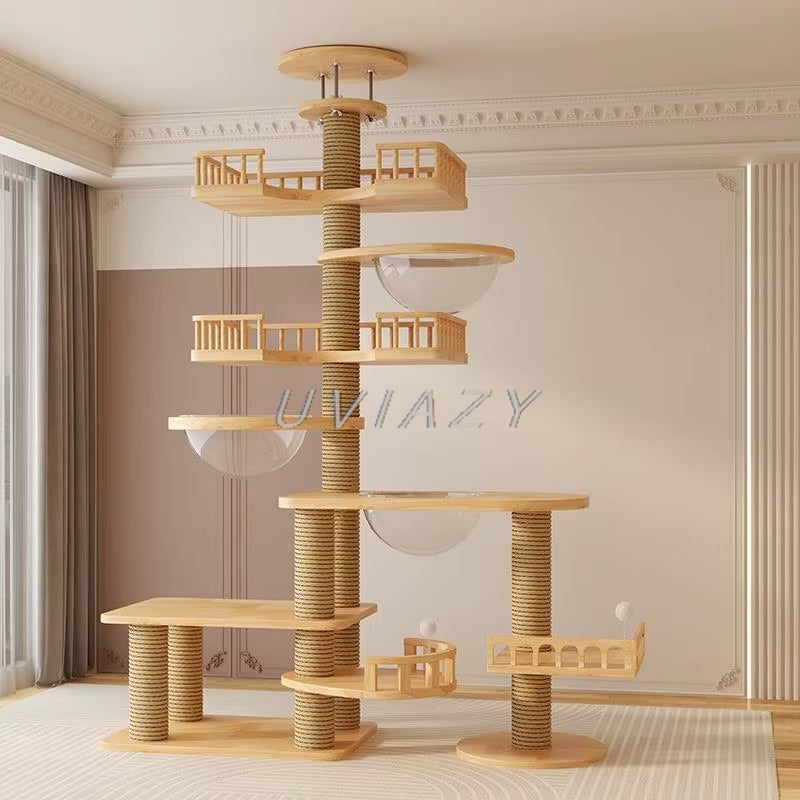 Multi-Level Floor-To-Ceiling Cat Tree Wood Climbing Frame Tree Scratching Sisal Pillar Jumping Platform Tower Height 250-270Cm