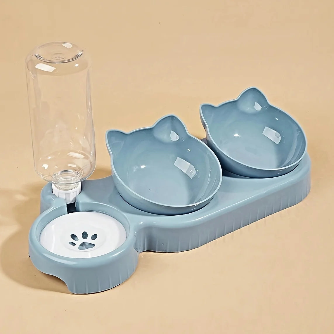 Pet Bowls With Water Feeder, 3 In 1 Ear Design Tilted Cat Water And Food Bowl Set With Gravity Water Bottle For Neck Protection