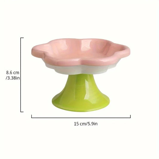 Pet Bowl Ceramic Flower Design Cat Food Bowl High Foot Water Plate Snack Dish with Stand for Neck Protection Drinking Water