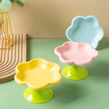 Pet Bowl Ceramic Flower Design Cat Food Bowl High Foot Water Plate Snack Dish with Stand for Neck Protection Drinking Water