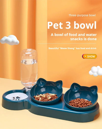 Pet Bowls With Water Feeder, 3 In 1 Ear Design Tilted Cat Water And Food Bowl Set With Gravity Water Bottle For Neck Protection