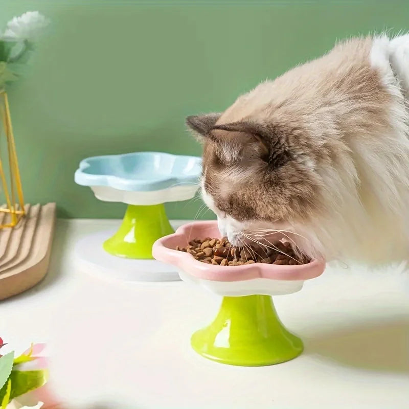 Pet Bowl Ceramic Flower Design Cat Food Bowl High Foot Water Plate Snack Dish with Stand for Neck Protection Drinking Water