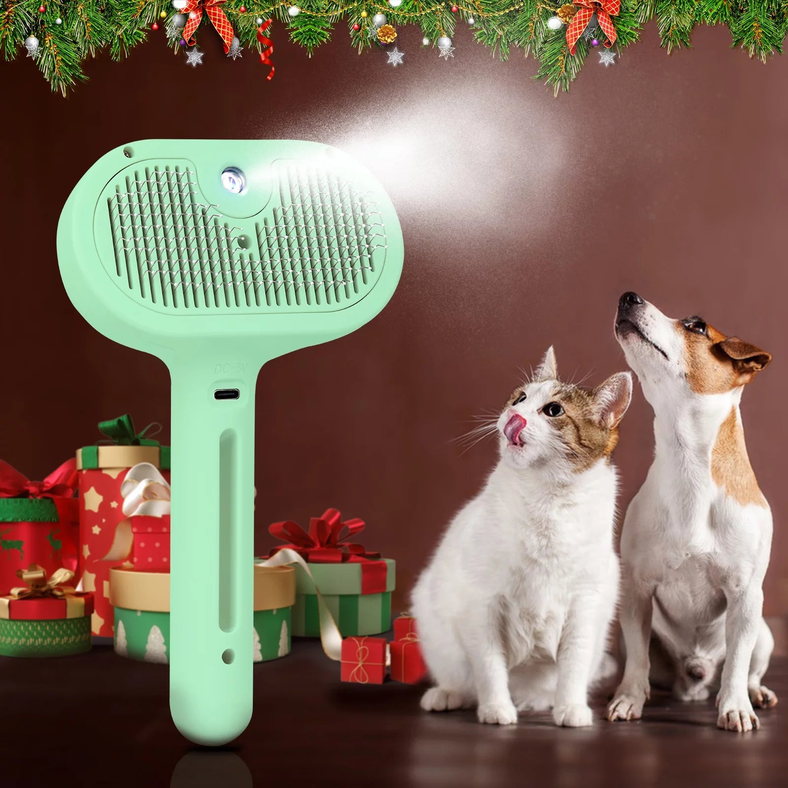 Auto Spray Cat/Dog Hair Brush to Wet Hair,2In1 Cleaning Brutsh,Extra Gain Cat Nail Clipper,Green