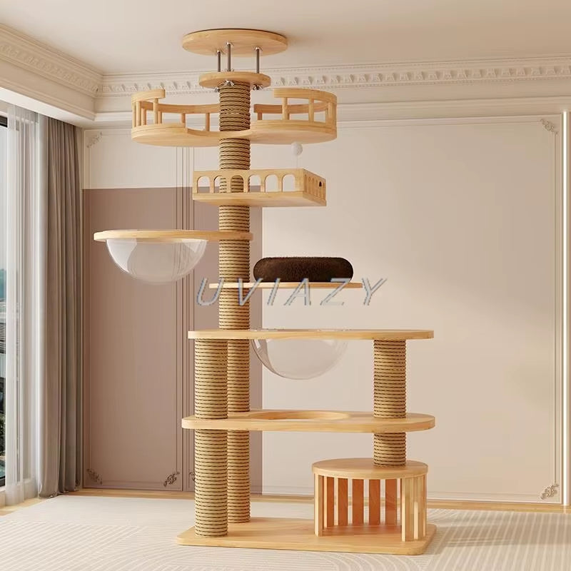 Multi-Level Floor-To-Ceiling Cat Tree Wood Climbing Frame Tree Scratching Sisal Pillar Jumping Platform Tower Height 250-270Cm