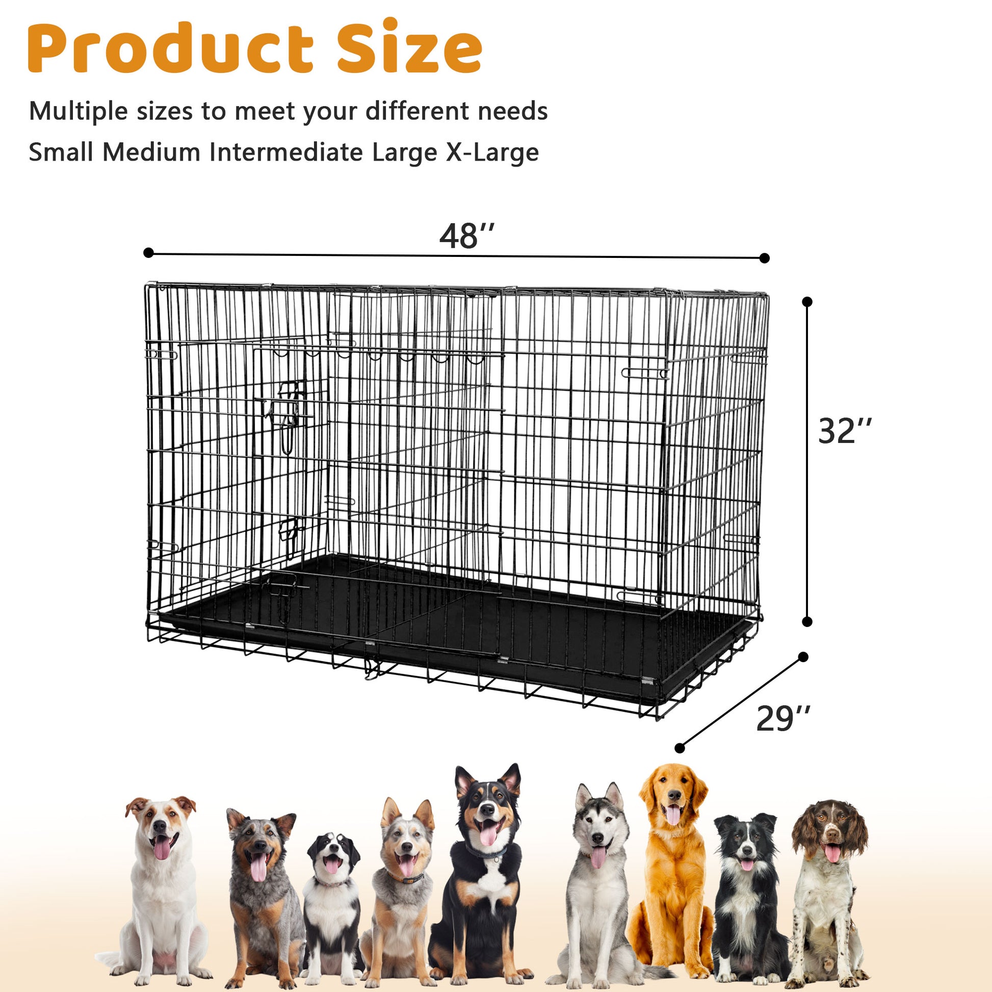 48 Inch Dog Crate, Dog Crates and Kennels for Big Dog Foldable Large Dog Crate for Large Dogs with Handle Double-Door Outdoor Metal Wire Dog Cage with Plastic Tray for Medium Dogs, Black