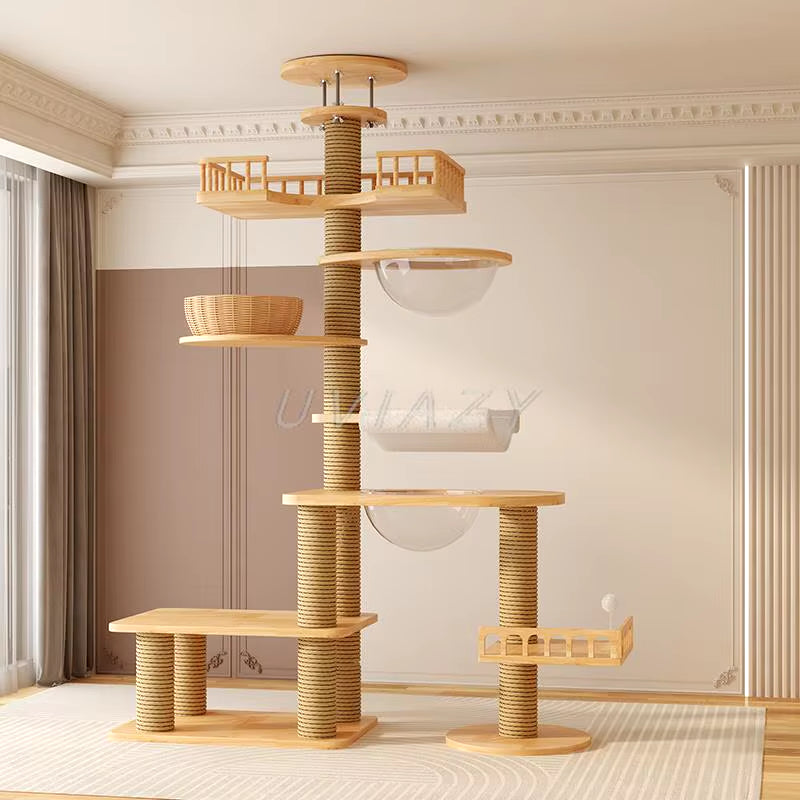 Multi-Level Floor-To-Ceiling Cat Tree Wood Climbing Frame Tree Scratching Sisal Pillar Jumping Platform Tower Height 250-270Cm