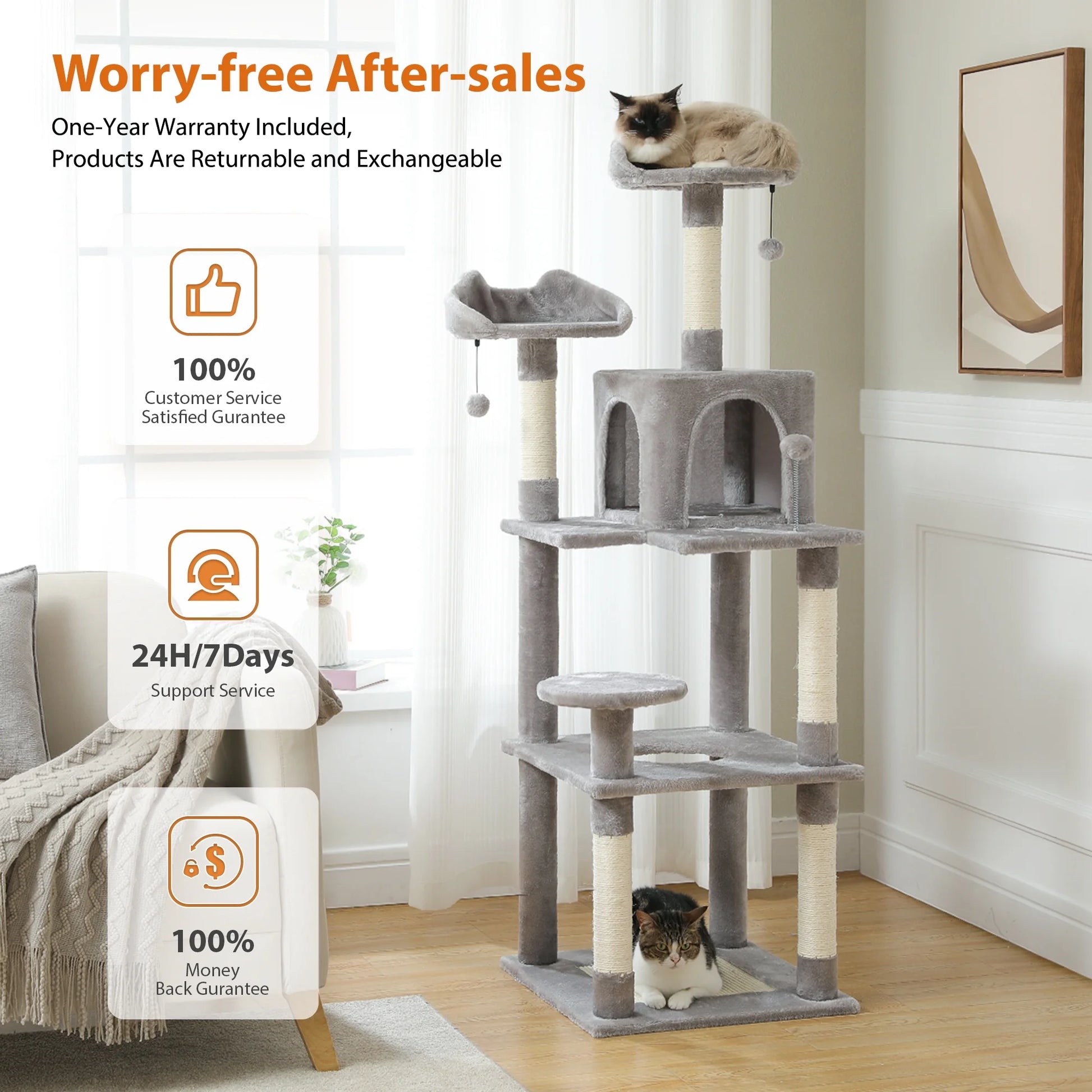 63'' Large Cat Tree Cat Tower with Scratching Pad and Cozy Condo for Indoor Cats, Gray