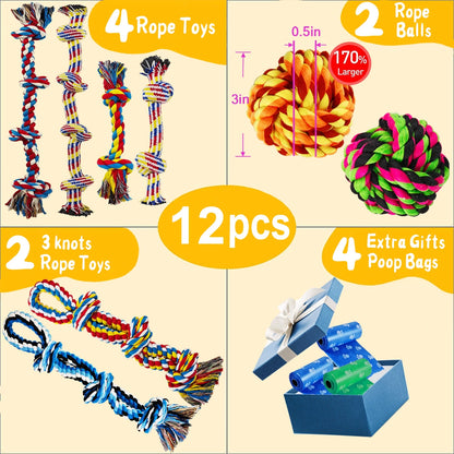 Large Dog Chew Toys for Aggressive Chewers, 12 Pack Indestructible Dog Rope Toys for Large Breeds, Heavy Duty Dental Cotton Rope Dog Toys, Puppy Teething Chew Toys, Tug of War Dog Toy