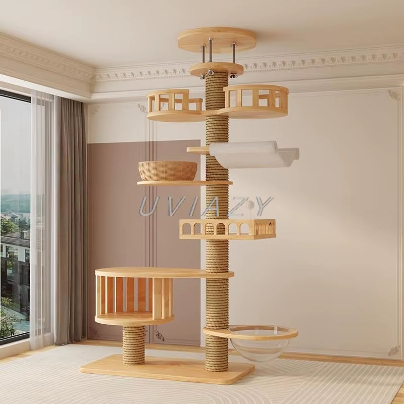 Multi-Level Floor-To-Ceiling Cat Tree Wood Climbing Frame Tree Scratching Sisal Pillar Jumping Platform Tower Height 250-270Cm