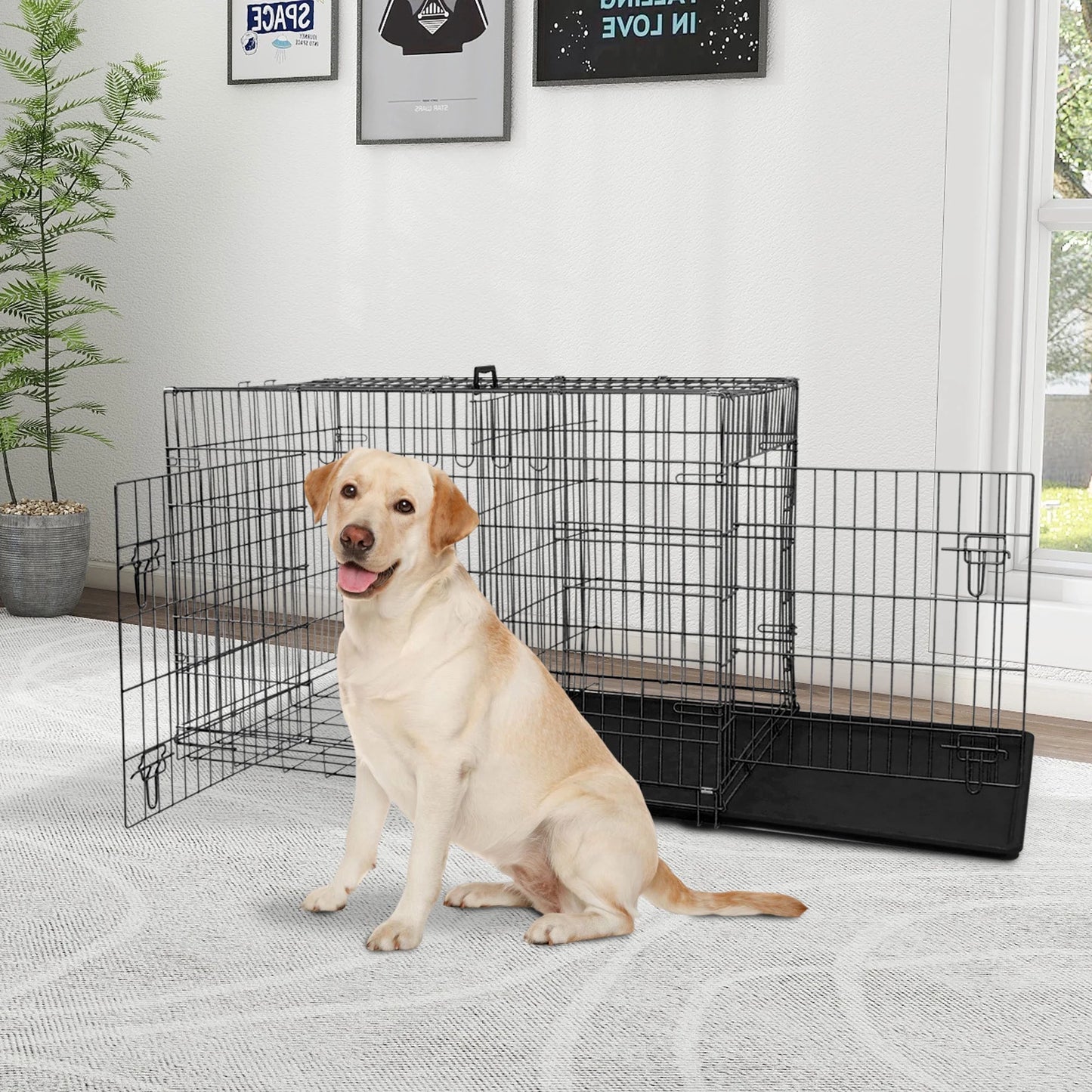 24 Inch Dog Crate, Dog Crates and Kennels Folding Metal Dog Crate with Double-Door,Divider Panel, Removable Tray and Handle Pet Dog Cages for Small Dogs Indoor Outdoor, Pink