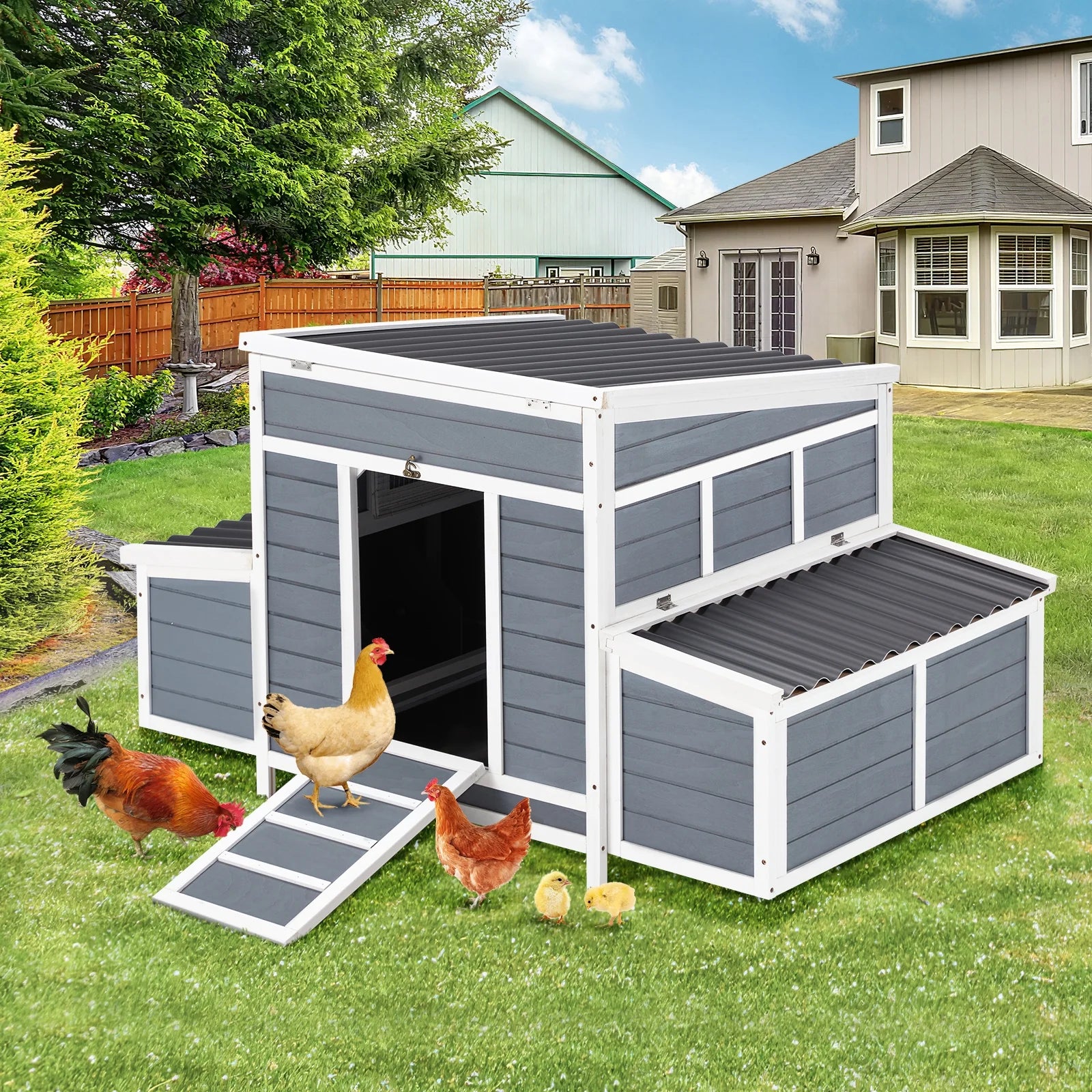 Chicken Coop 56" Large Wooden Chicken Hutch with 6 Nesting Boxes Outdoor Hen House Chicken Cage W/Ramps, Removable Tray for Easy Cleaning